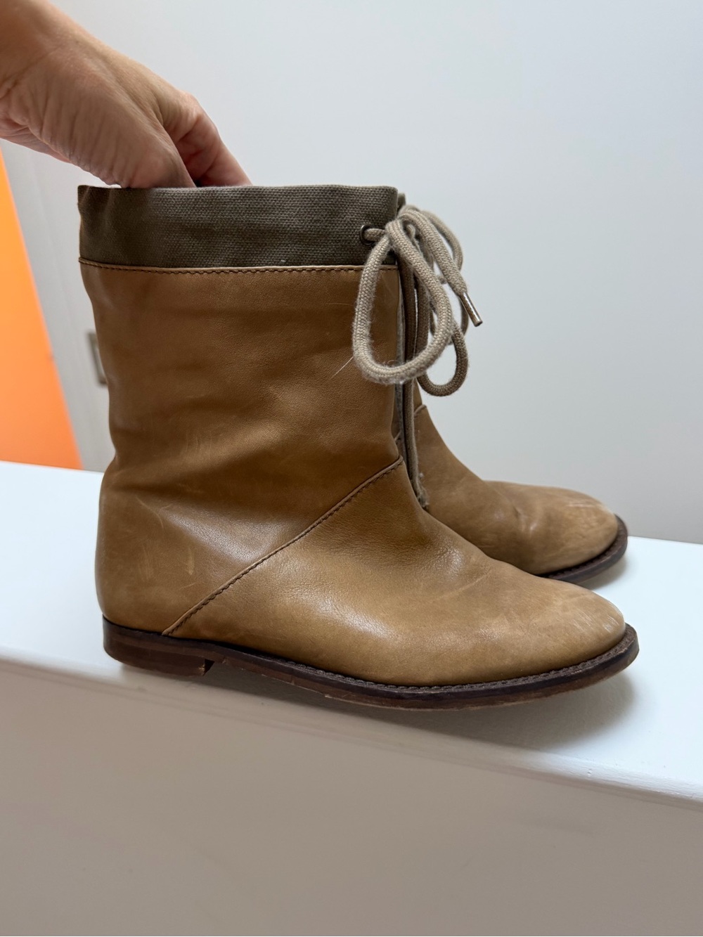 Crewcuts Tan Leather Girl’s Ankle Boots with Olive Cuff